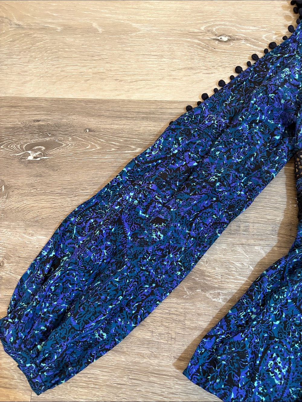 NWT Rebecca Taylor Blue Floral Printed Black Crochet Lace-Pom PomTrim 100% Silk - Picture 4 of 13